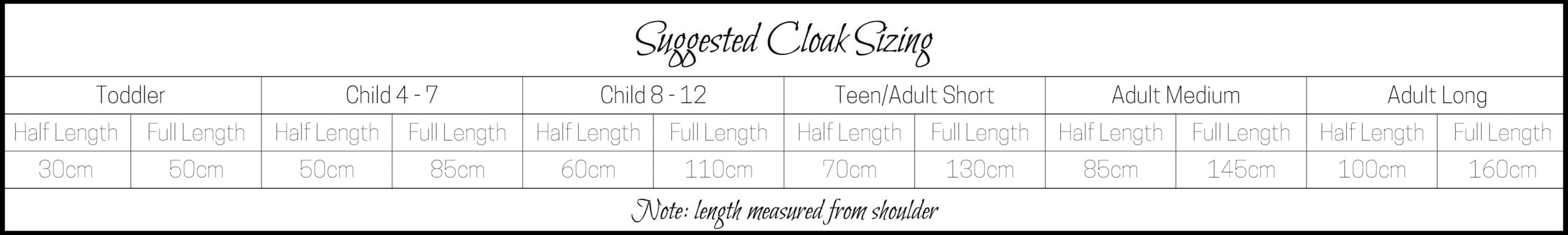 Suggested Lengths for Cloak Sizes