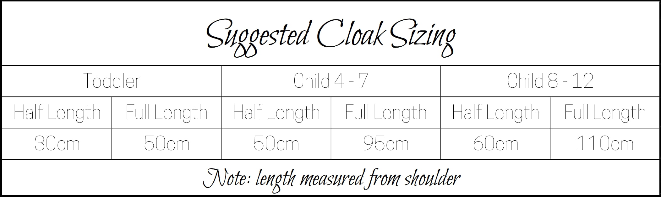 Suggested Lengths for Cloak Sizes